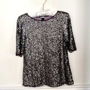 Chicos Black Label Silver Sequin Top Tee Short Sleeves Fully Lined XS 00